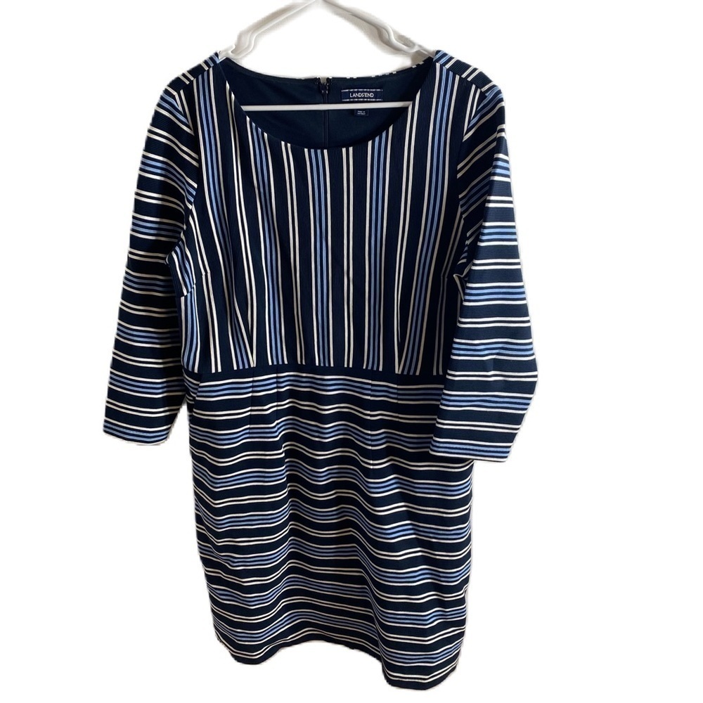 Lands End Blue Sheath Striped Dress Sz 16 Long Sleeve Midi Women’s